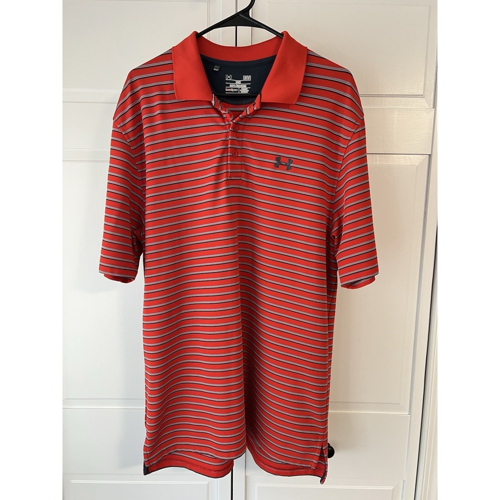 Mens Under Armour Short Sleeve Polo Shirt Sz L Loose Fit Heat Gear Red Striped
